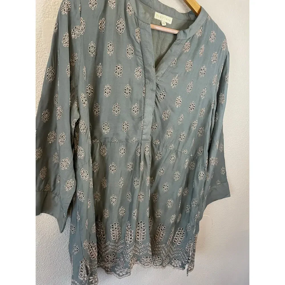 Ruby Yaya Boho Festival Style Green W/ Metallic Eyelet Long Sleeve Tunic XL - Picture 11 of 16